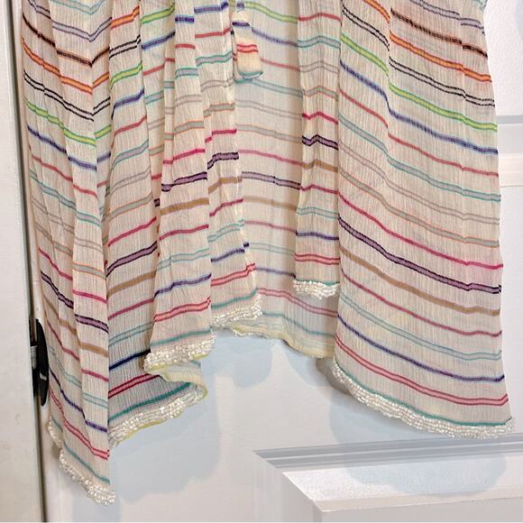 Calypso St. Barth White Multi Color Stripe Silk Tie Front Beaded Swim Cover - Picture 5 of 7